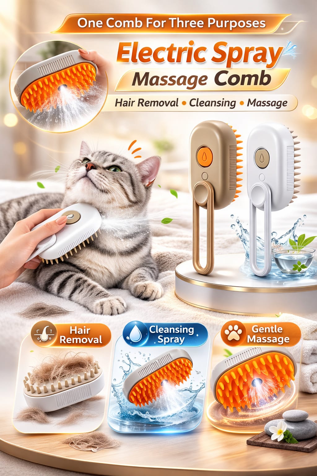 Zestysup Cat Steam Brush Steamy Dog Brush 3 In 1 Electric Spray Cat Hair Brushes For Massage